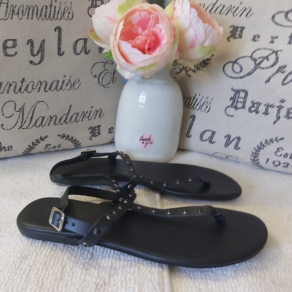 Bianco leather thong sandals black studded flats y2k - Picture 2 of 14